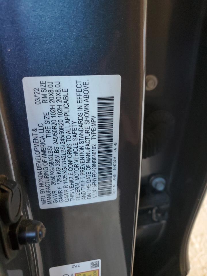 2022 HONDA PILOT SE VIN:5FNYF6H28NB046162