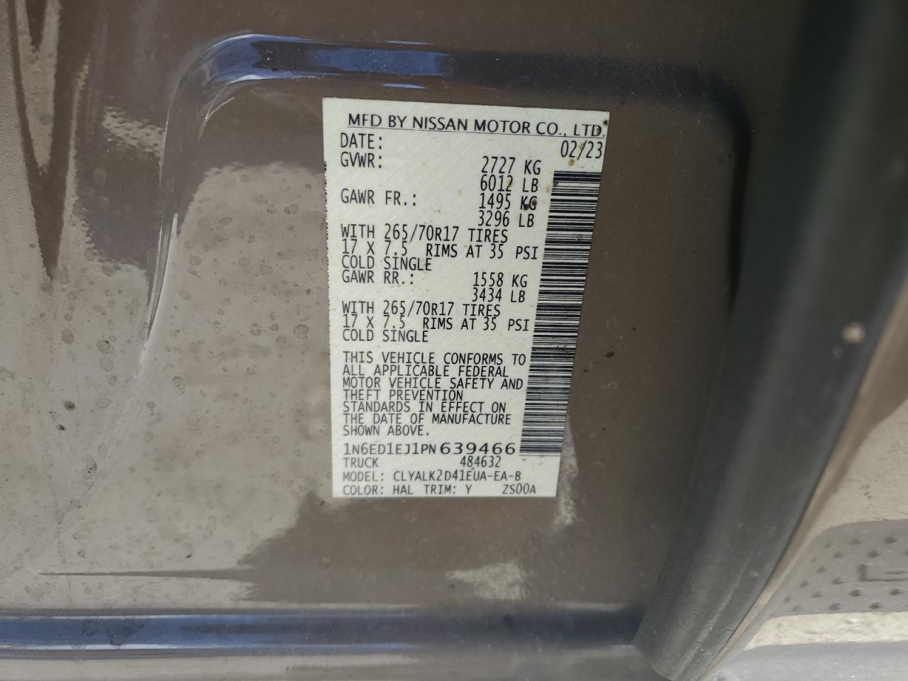 2023 NISSAN FRONTIER S VIN:1N6ED1EJ1PN639466
