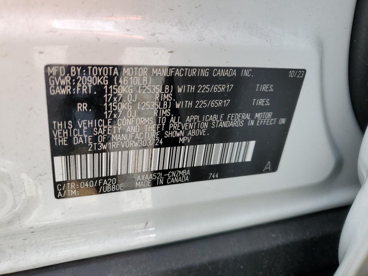 2024 TOYOTA RAV4 XLE VIN:2T3W1RFV0RW303724