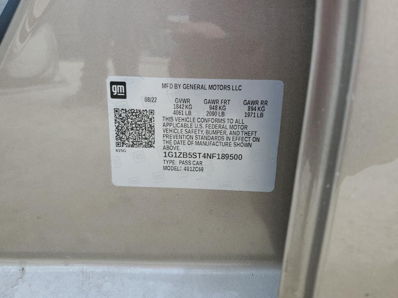 2022 CHEVROLET MALIBU LS VIN:1G1ZB5ST4NF189500