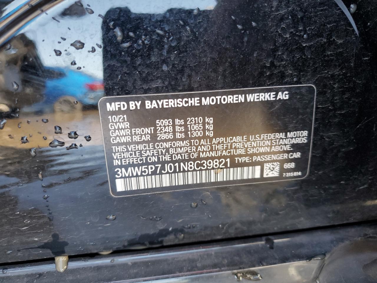 2022 BMW 330E VIN:3MW5P7J01N8C39821