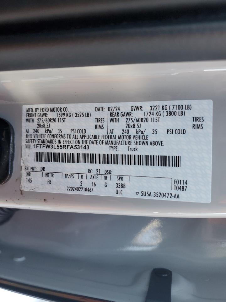 2024 FORD F150 XLT VIN:1FTFW3L55RFA53143