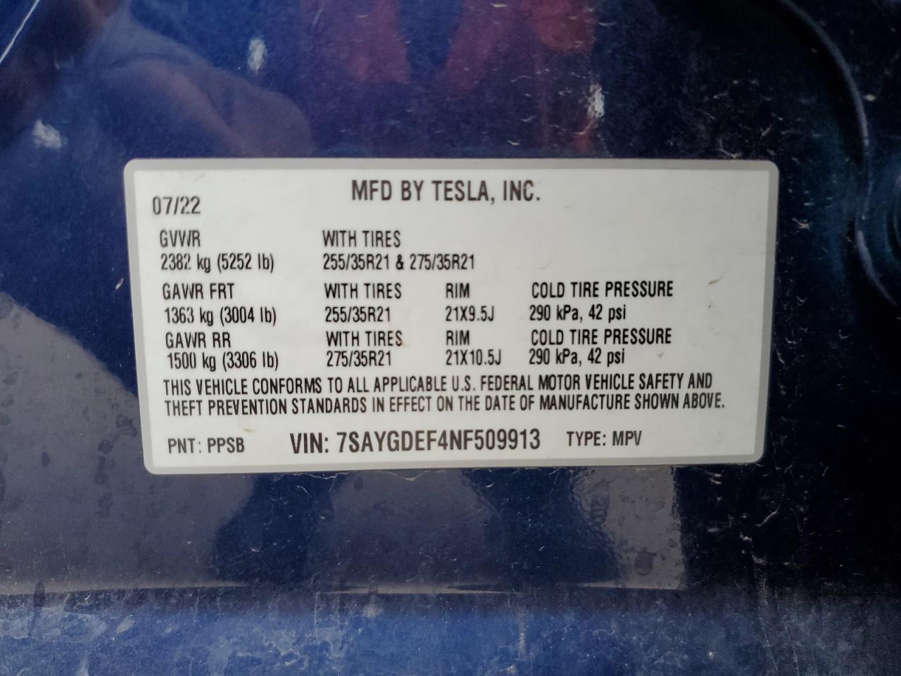 2022 TESLA MODEL Y VIN:7SAYGDEF4NF509913