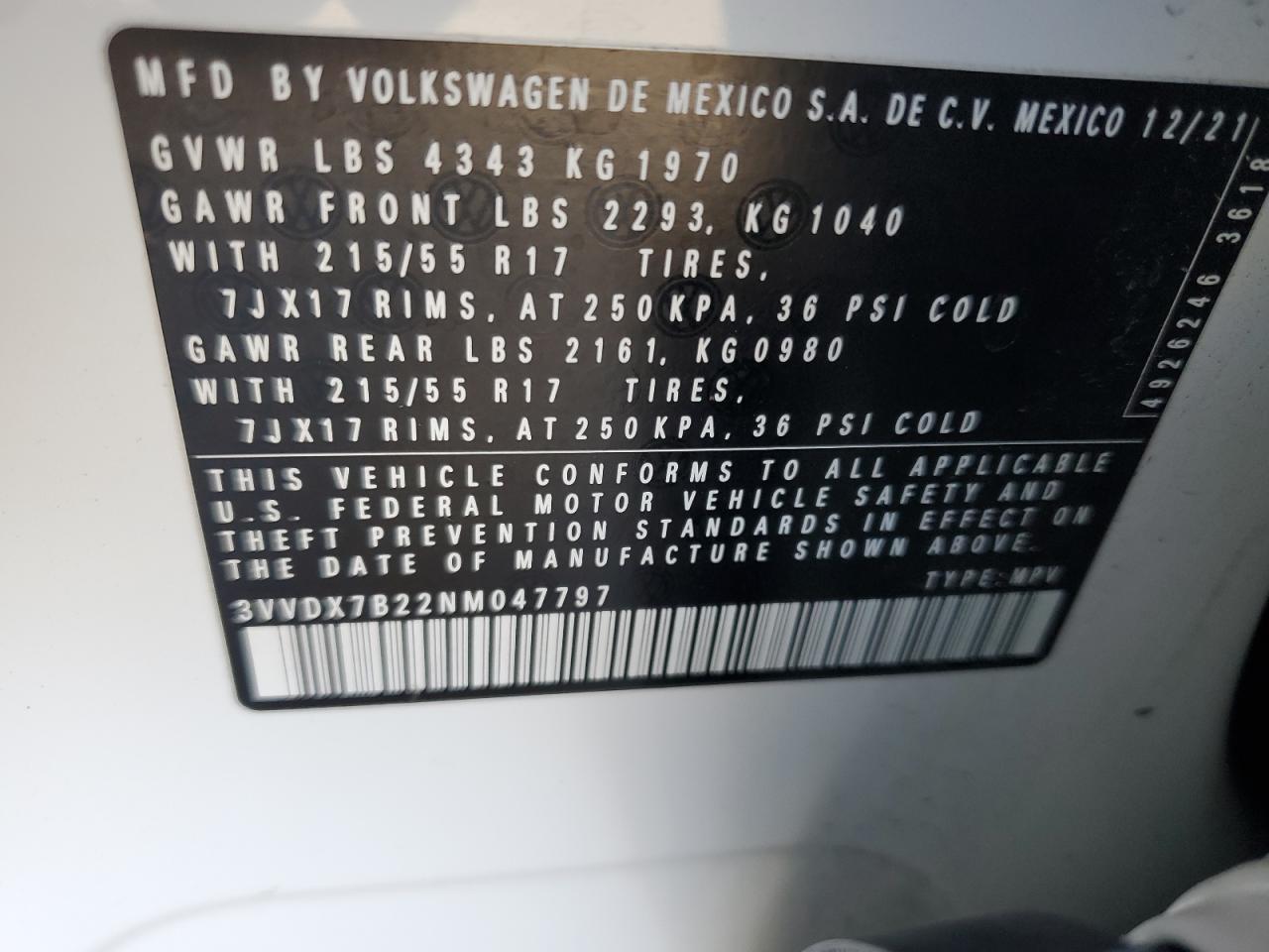2022 VOLKSWAGEN TAOS S VIN:3VVDX7B22NM047797