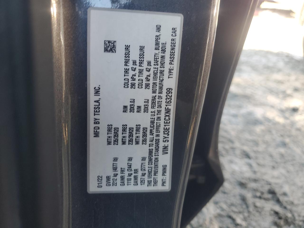 2022 TESLA MODEL 3 VIN:5YJ3E1ECXNF163299