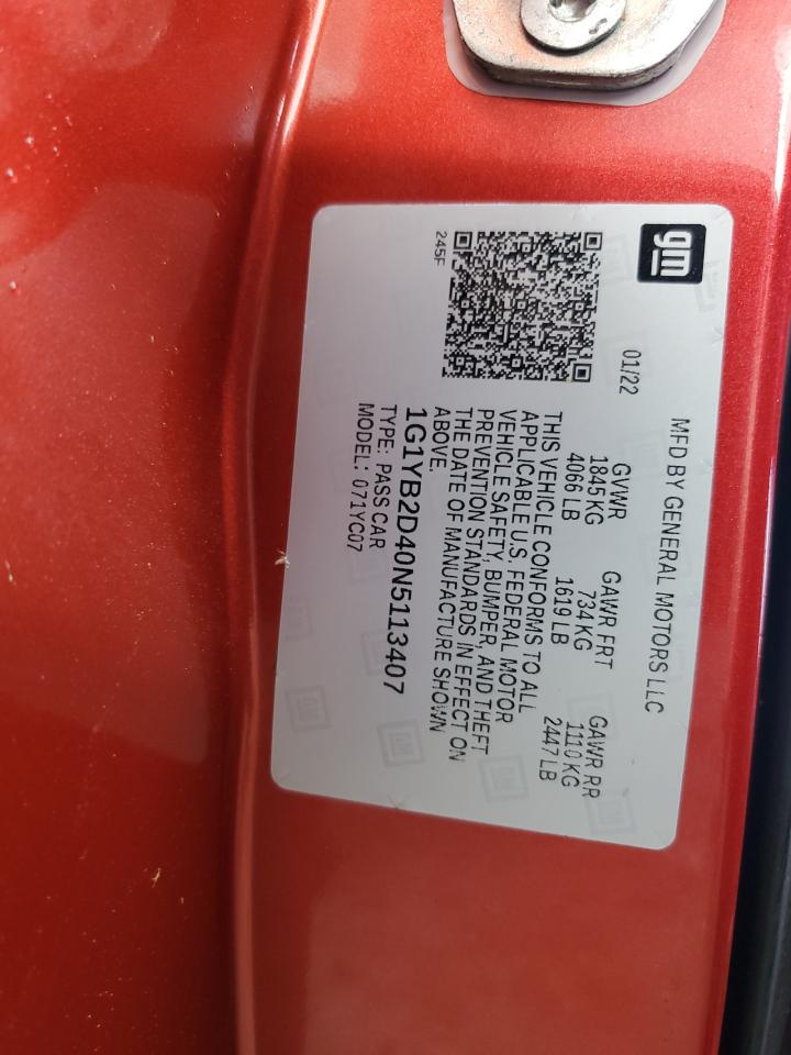 2022 CHEVROLET CORVETTE STINGRAY 2LT VIN:1G1YB2D40N5113407