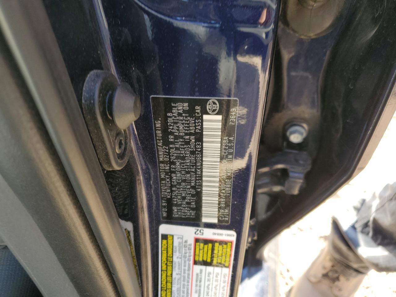 2022 TOYOTA CAMRY NIGHT SHADE VIN:4T1S11AK4NU667483