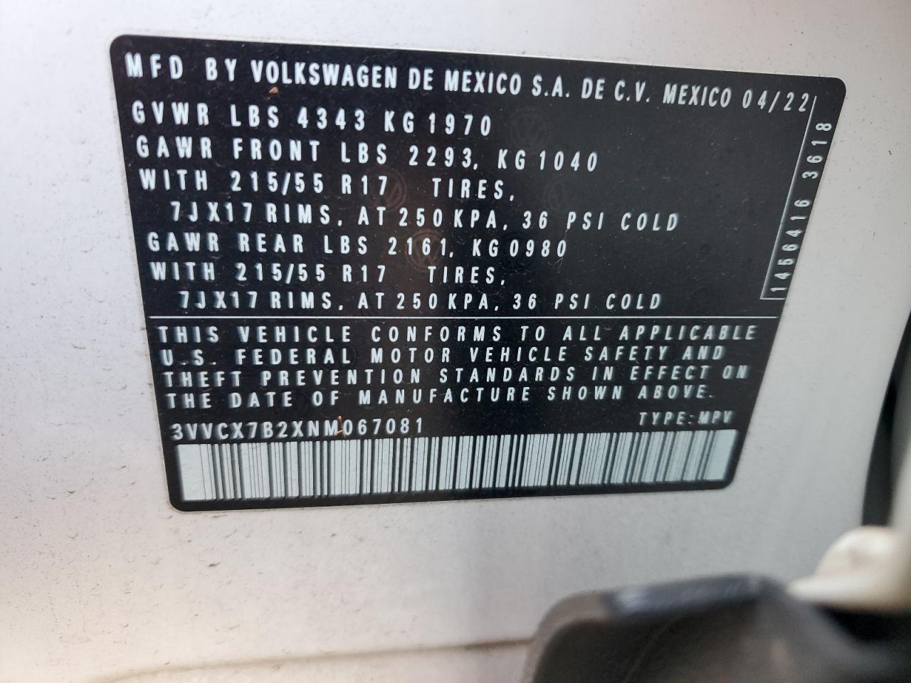 2022 VOLKSWAGEN TAOS S VIN:1C4NJCBB1ED722113
