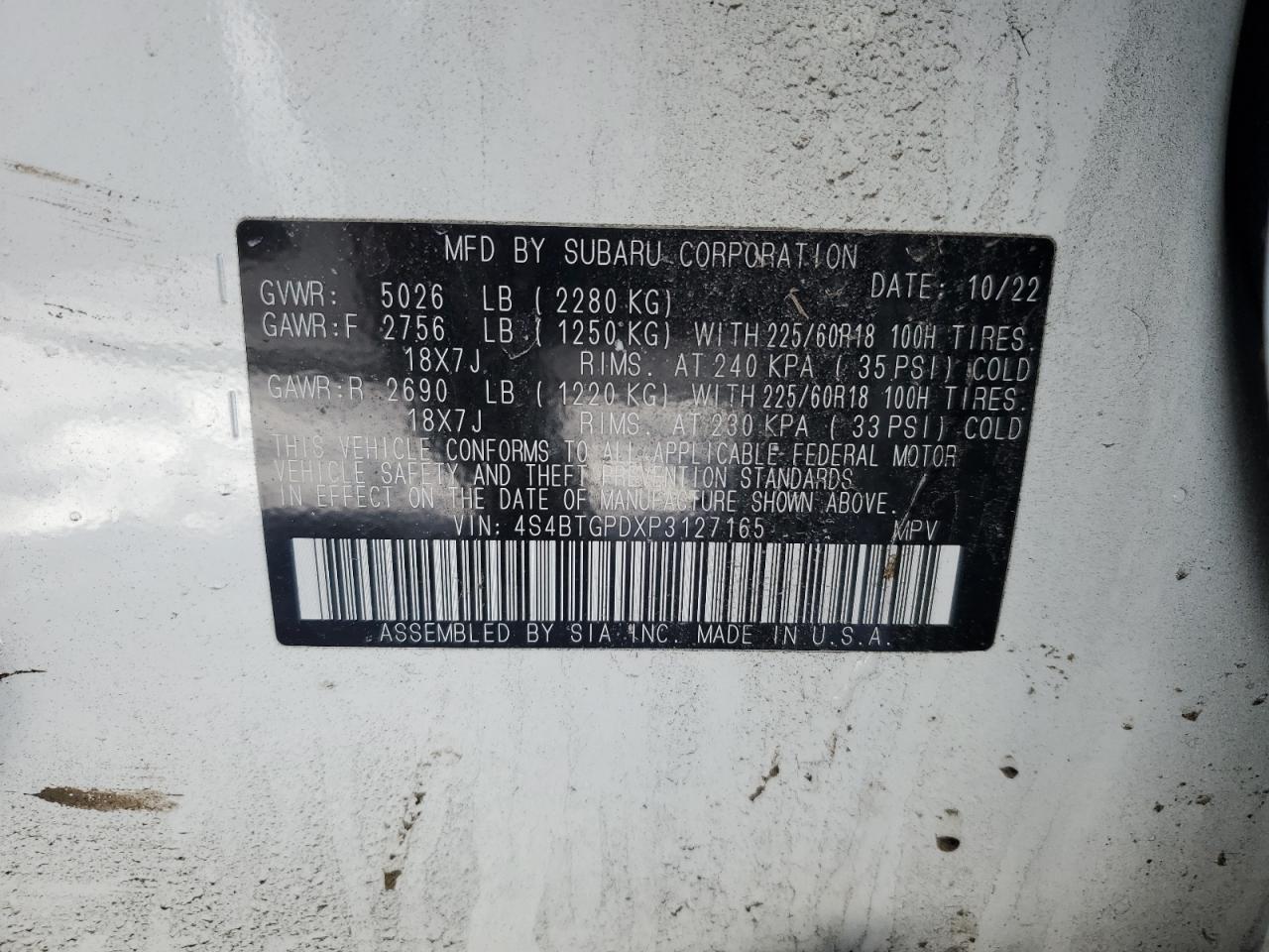 2023 SUBARU OUTBACK TOURING VIN:4S4BTGPDXP3127165