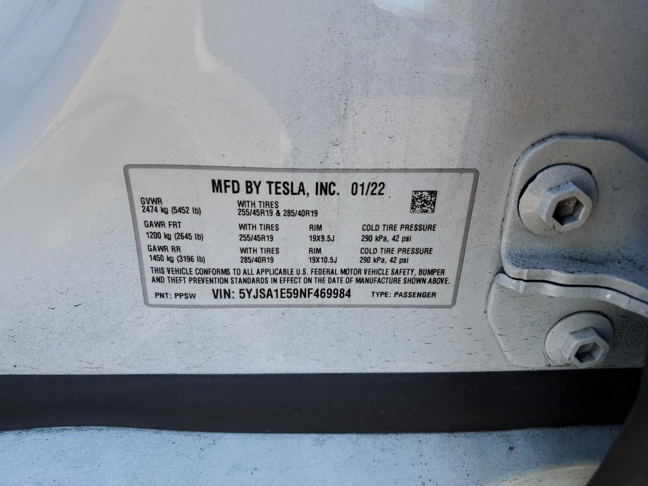 2022 TESLA MODEL S VIN:5YJSA1E59NF469984