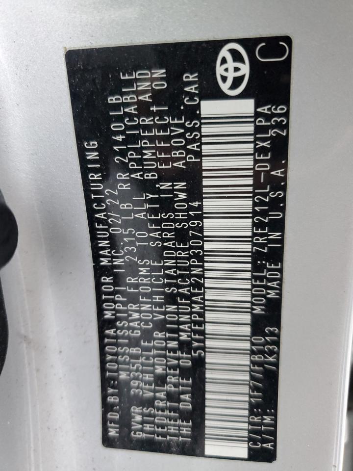 2022 TOYOTA COROLLA LE VIN:5YFEPMAE2NP307914