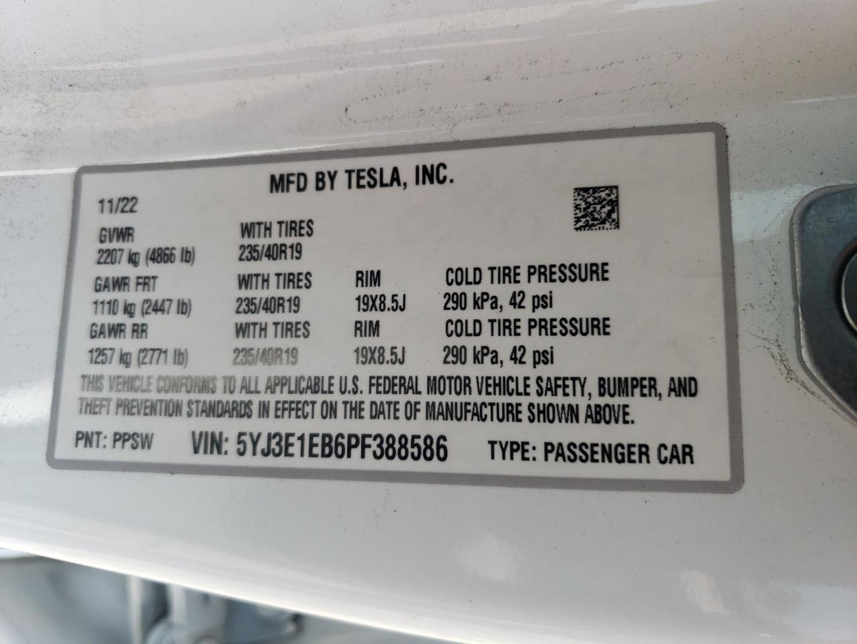 2023 TESLA MODEL 3 VIN:5YJ3E1EB6PF388586
