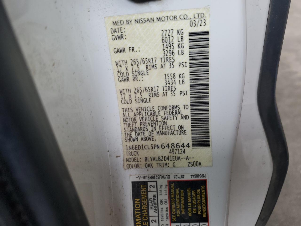 2023 NISSAN FRONTIER S PICKUP TRUCK VIN:1N6ED1CL5PN648644