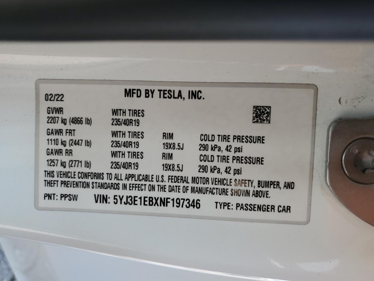 2022 TESLA MODEL 3 VIN:5YJ3E1EBXNF197346