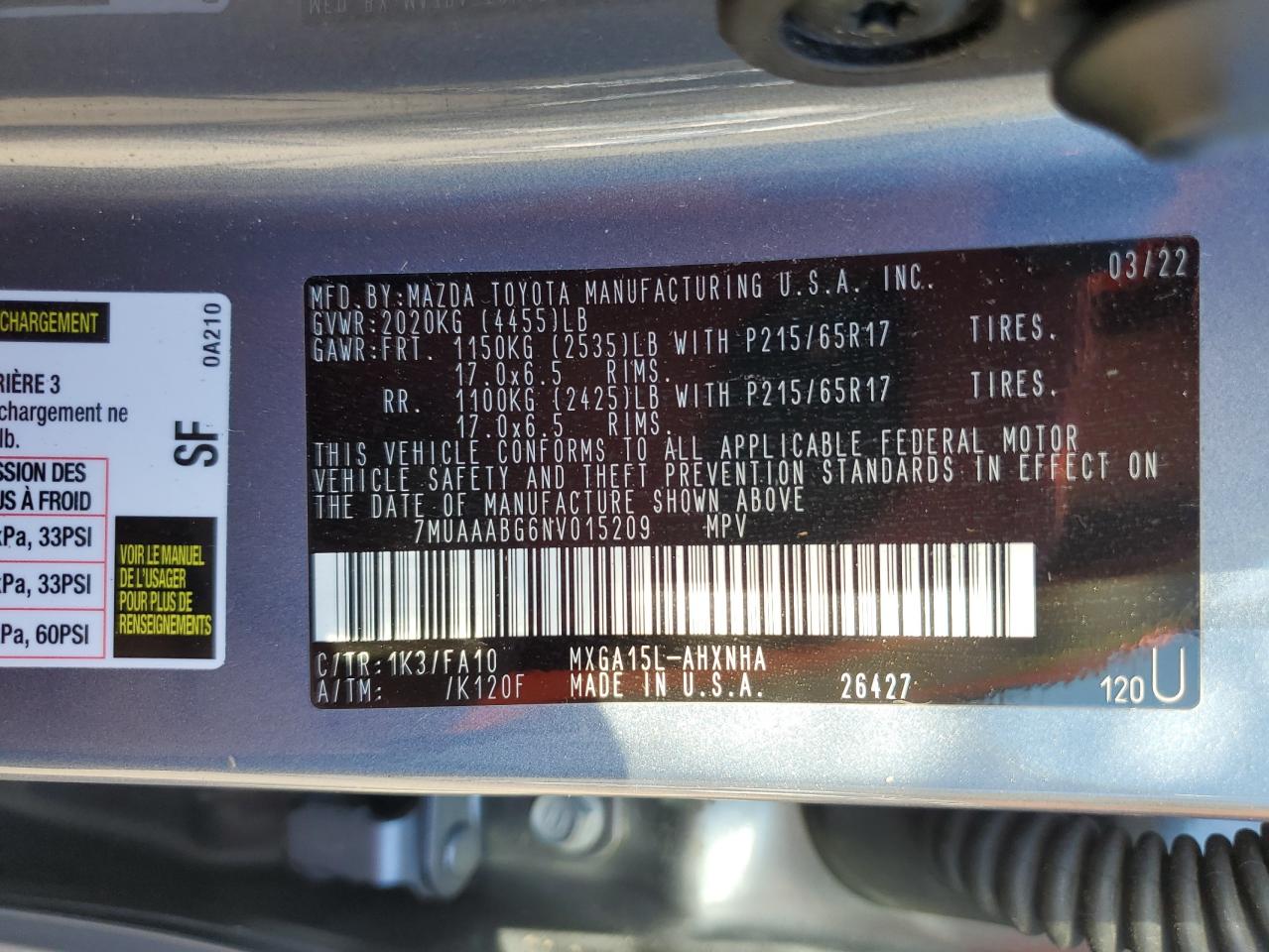 2022 TOYOTA COROLLA CROSS L VIN:7MUAAABG6NV015209