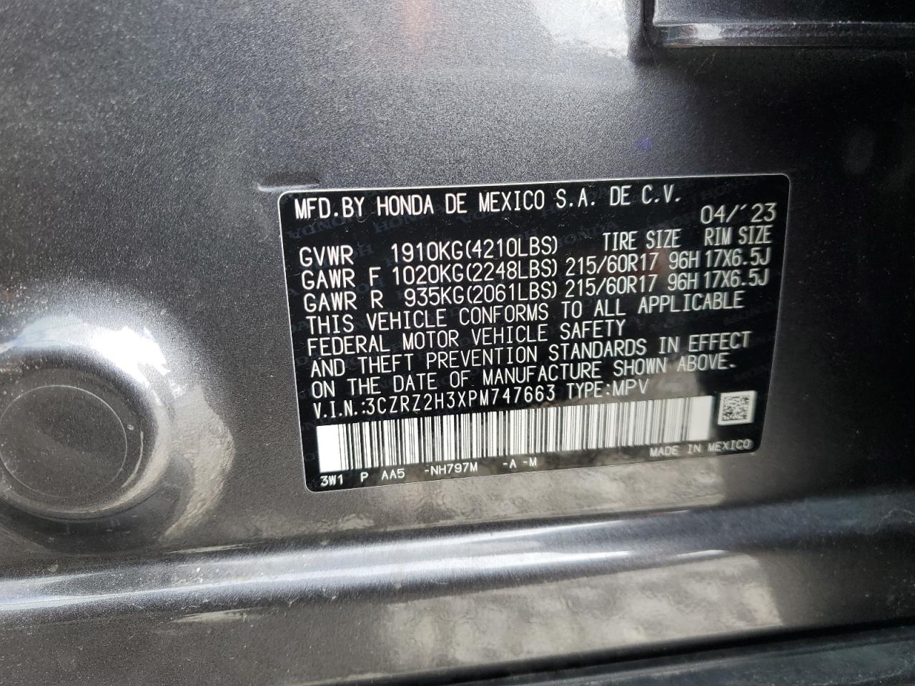 2023 HONDA HR-V LX VIN:3CZRZ2H3XPM747663