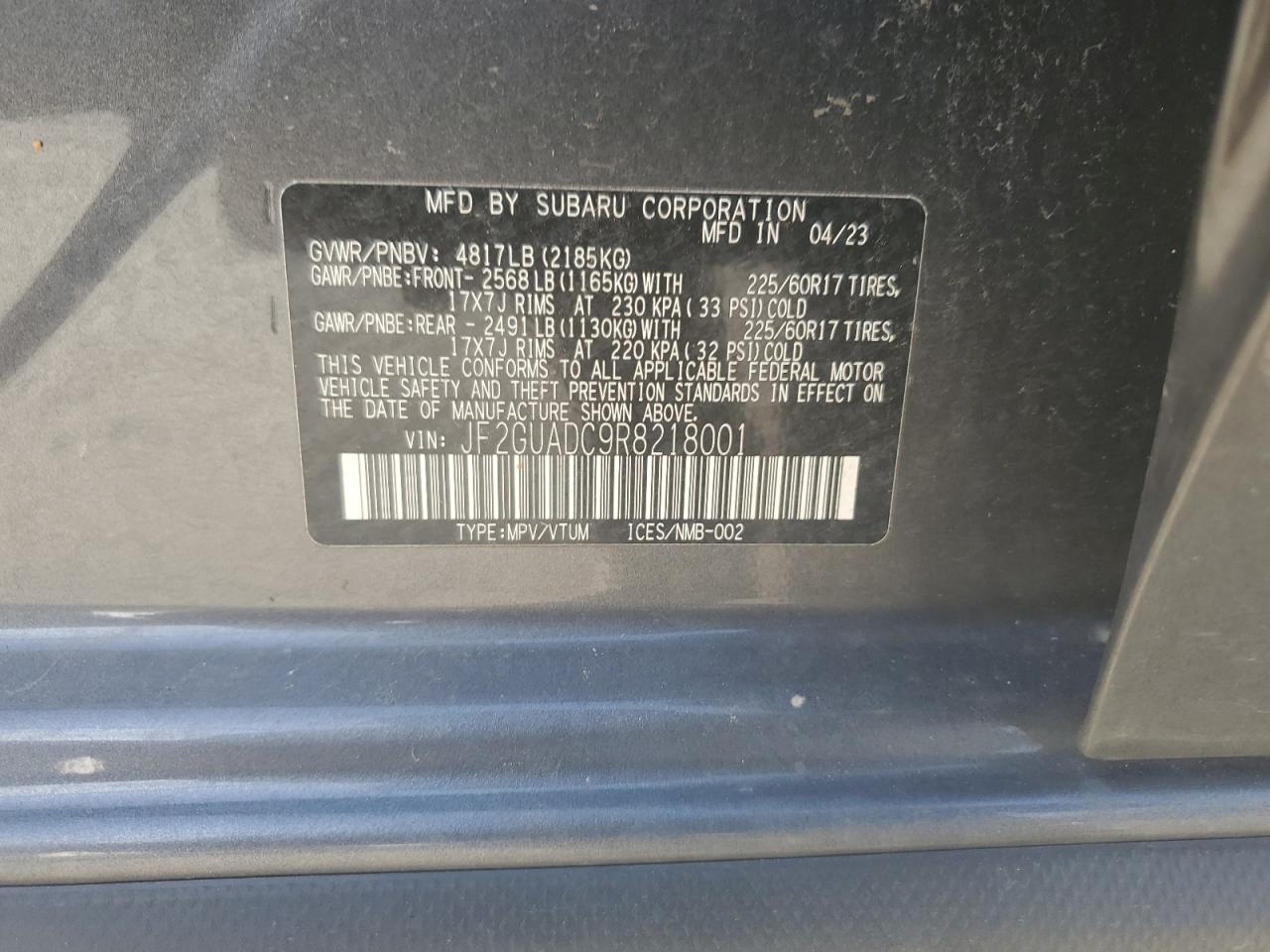 2024 SUBARU CROSSTREK PREMIUM VIN:JF2GUADC9R8218001