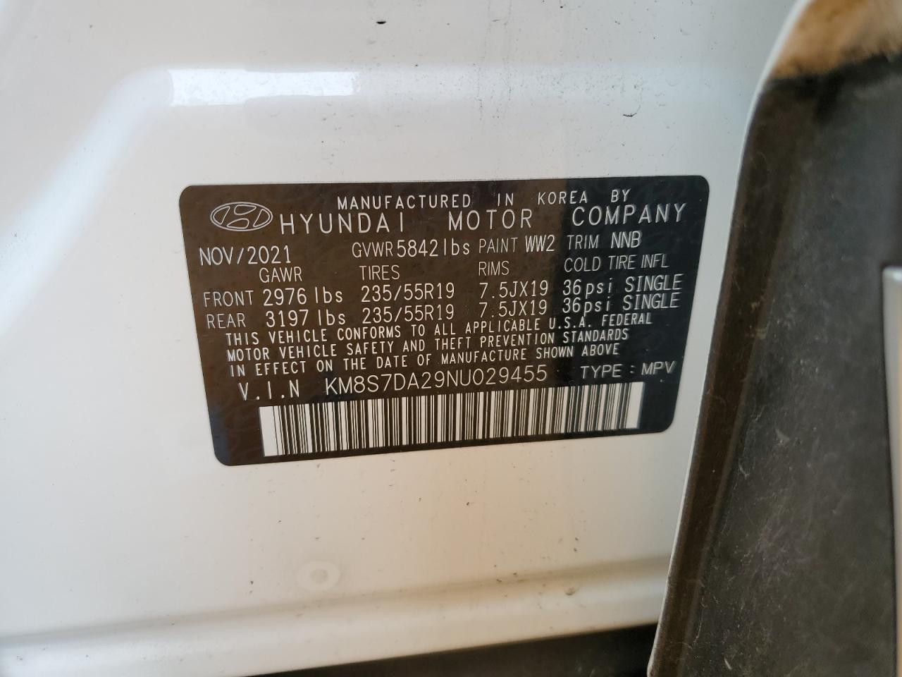 2022 HYUNDAI SANTA FE LIMITED VIN:KM8S7DA29NU029455