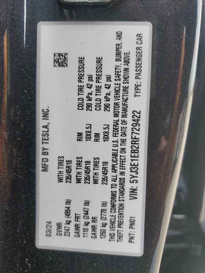 2024 TESLA MODEL 3 VIN:5YJ3E1EB2RF729422