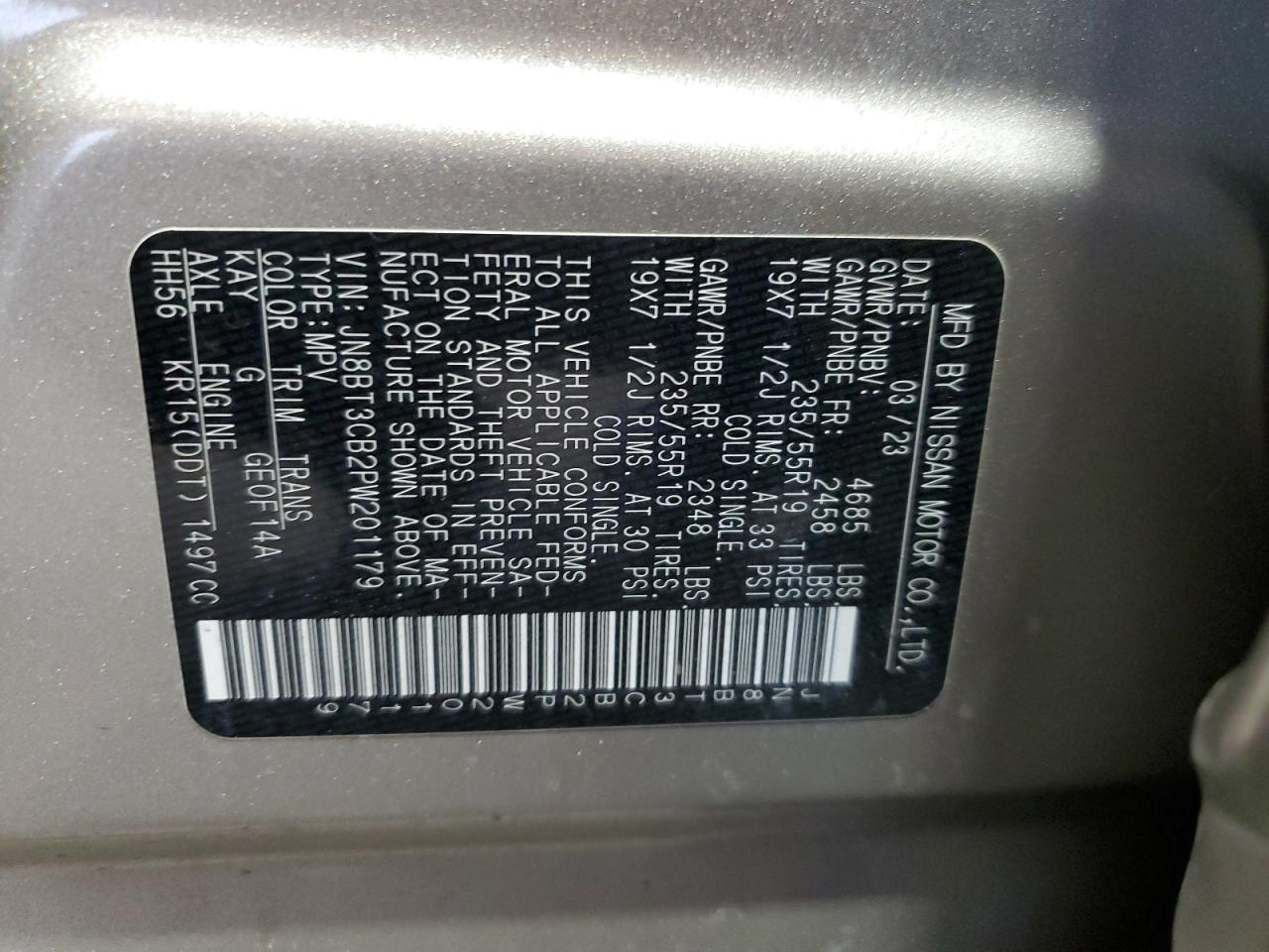 2023 NISSAN ROGUE SL VIN:JN8BT3CB2PW201179