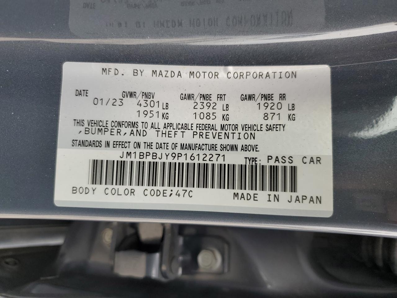 2023 MAZDA 3 VIN:JM1BPBJY9P1612271