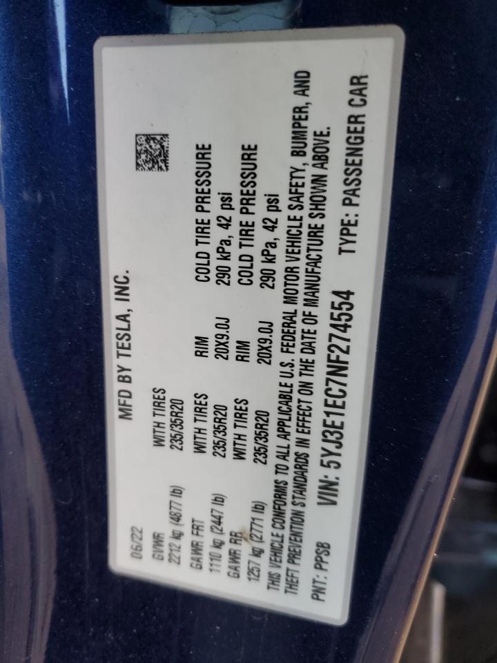 2022 TESLA MODEL 3 VIN:5YJ3E1EC7NF274554
