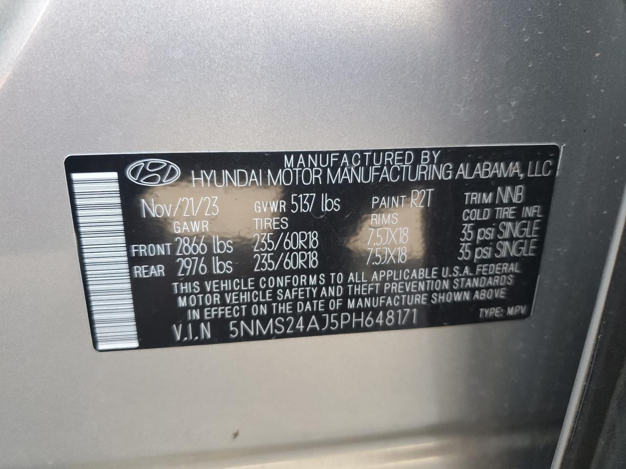 2023 HYUNDAI SANTA FE SEL VIN:5NMS24AJ5PH648171