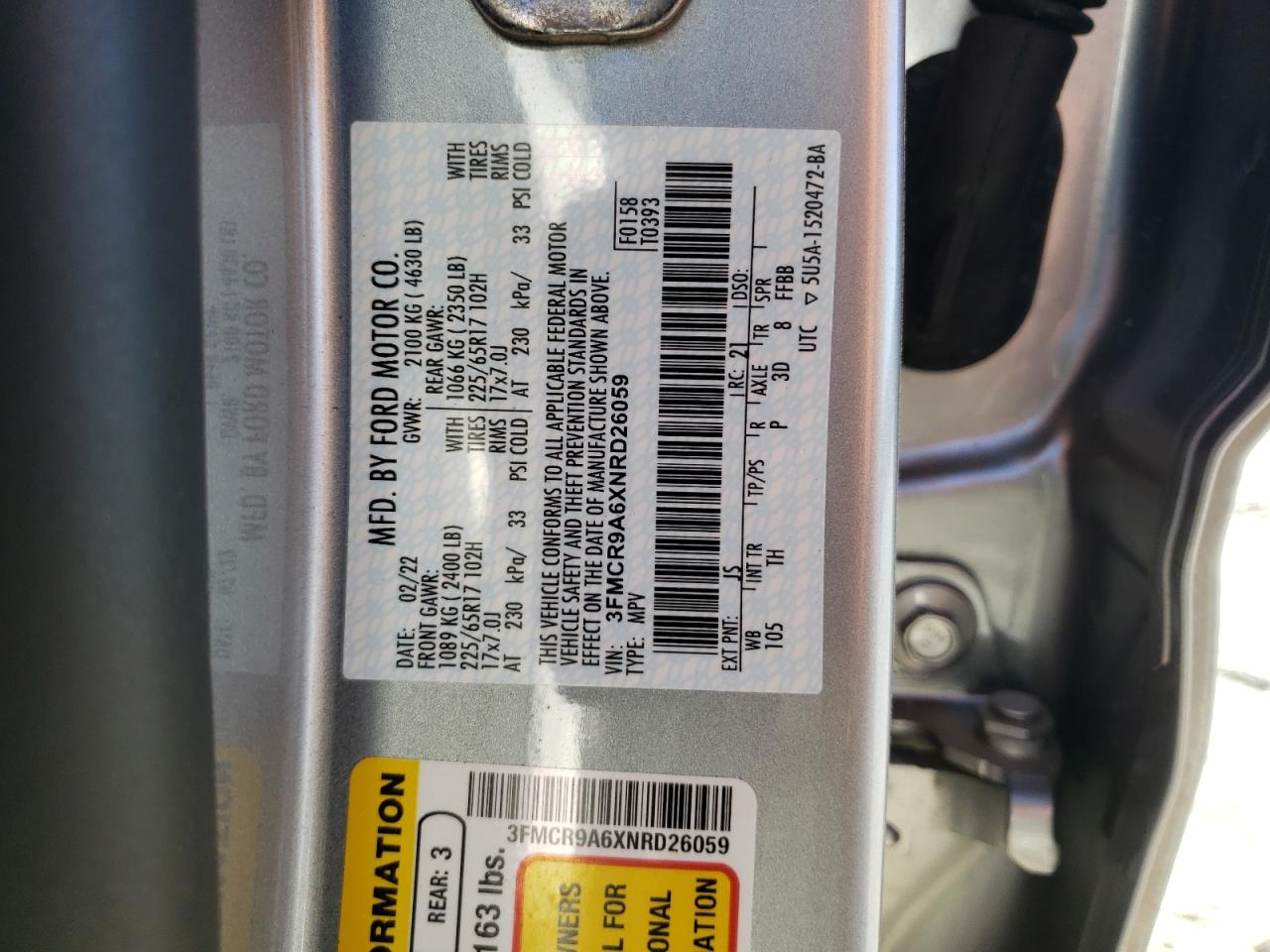 2022 FORD BRONCO SPORT VIN:3FMCR9A6XNRD26059
