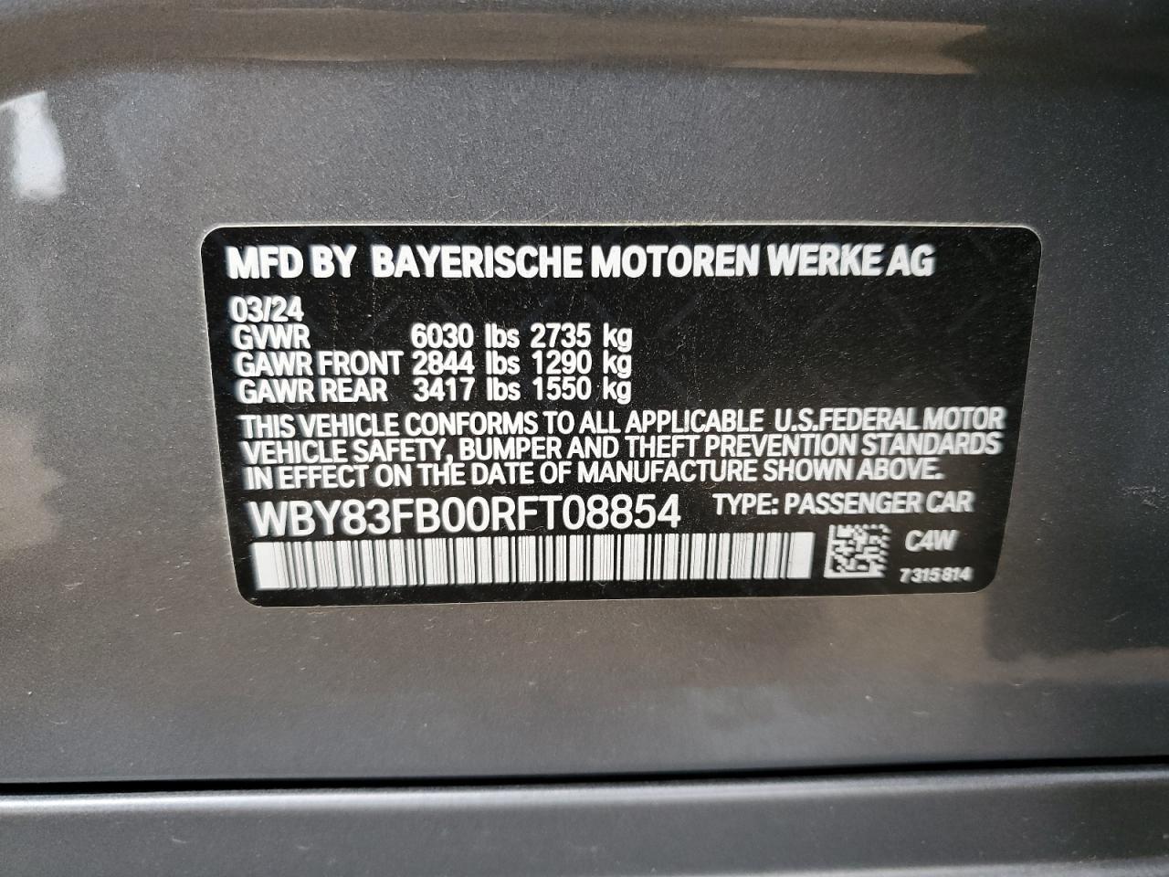 2024 BMW I4 XDRIVE 40 VIN:WBY83FB00RFT08854