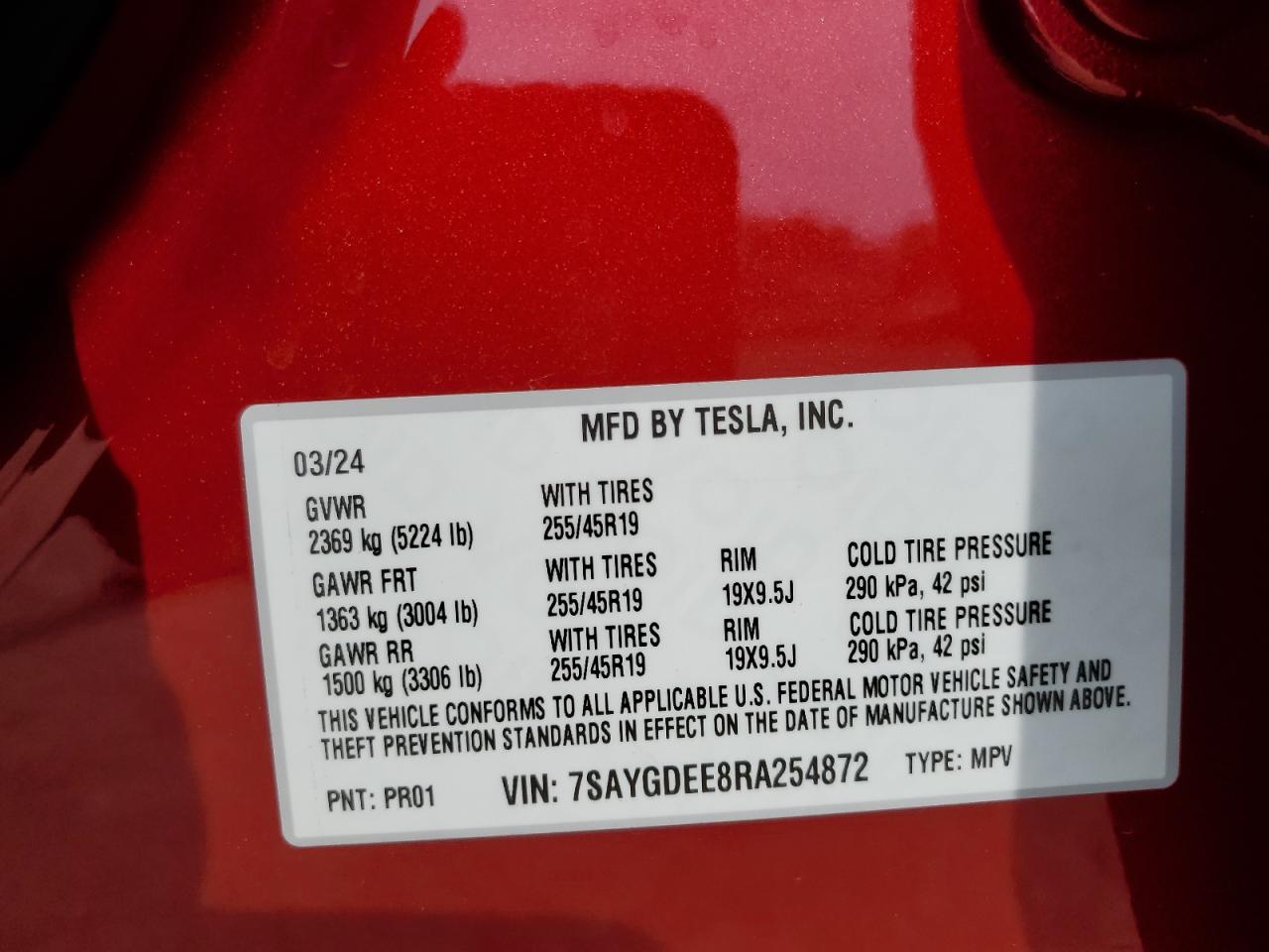 2024 TESLA MODEL Y VIN:7SAYGDEE8RA254872