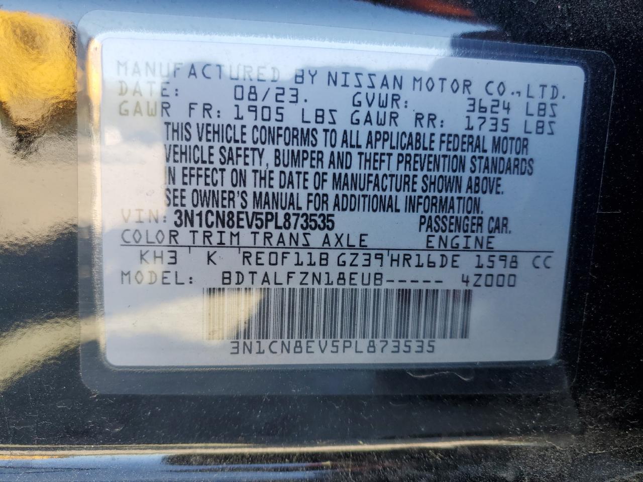 2023 NISSAN VERSA SV VIN:3N1CN8EV5PL873535