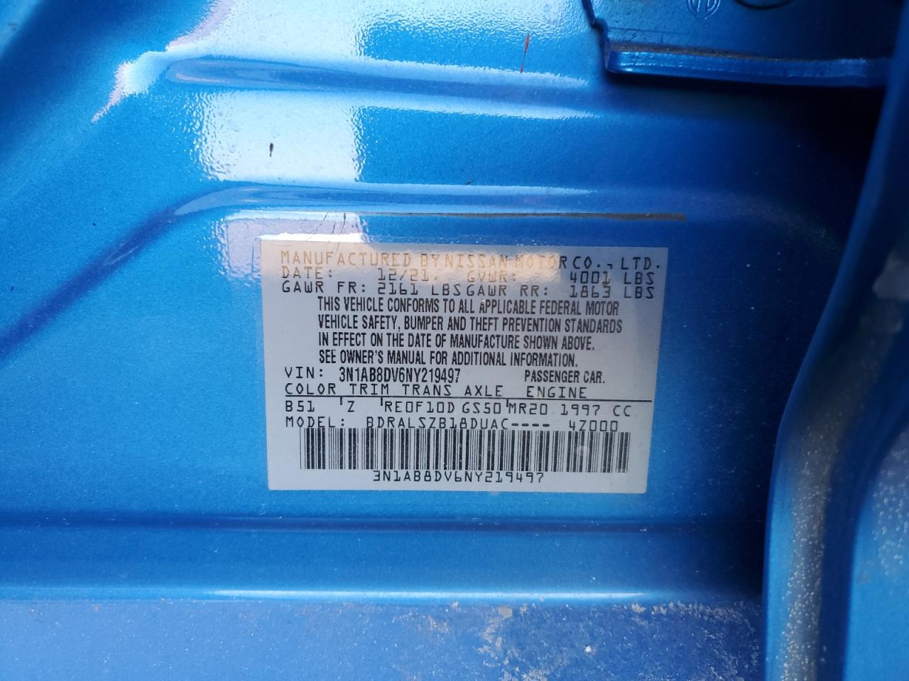 2022 NISSAN SENTRA SR VIN:3N1AB8DV6NY219497