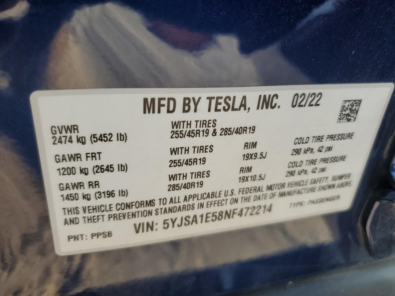 2022 TESLA MODEL S VIN:5YJSA1E58NF472214