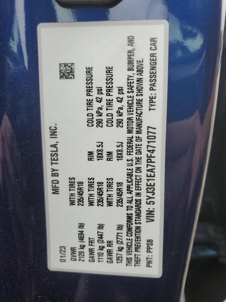 2023 TESLA MODEL 3 VIN:5YJ3E1EA7PF471077