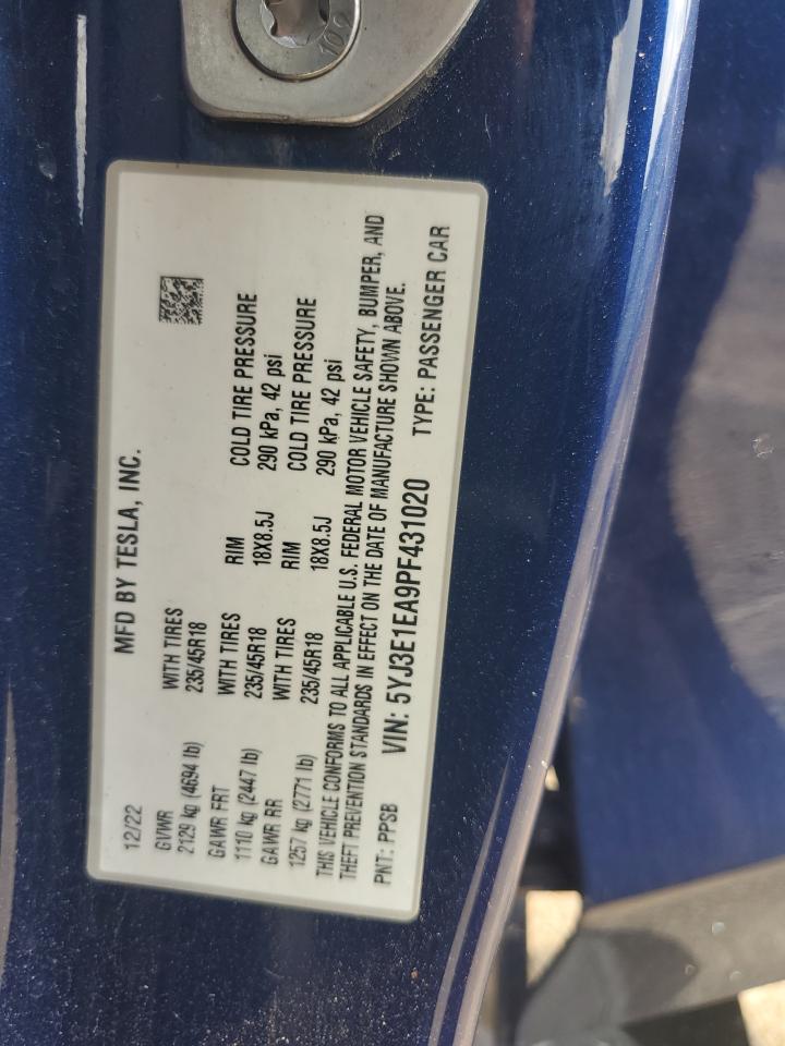 2023 TESLA MODEL 3 VIN:5YJ3E1EA9PF431020