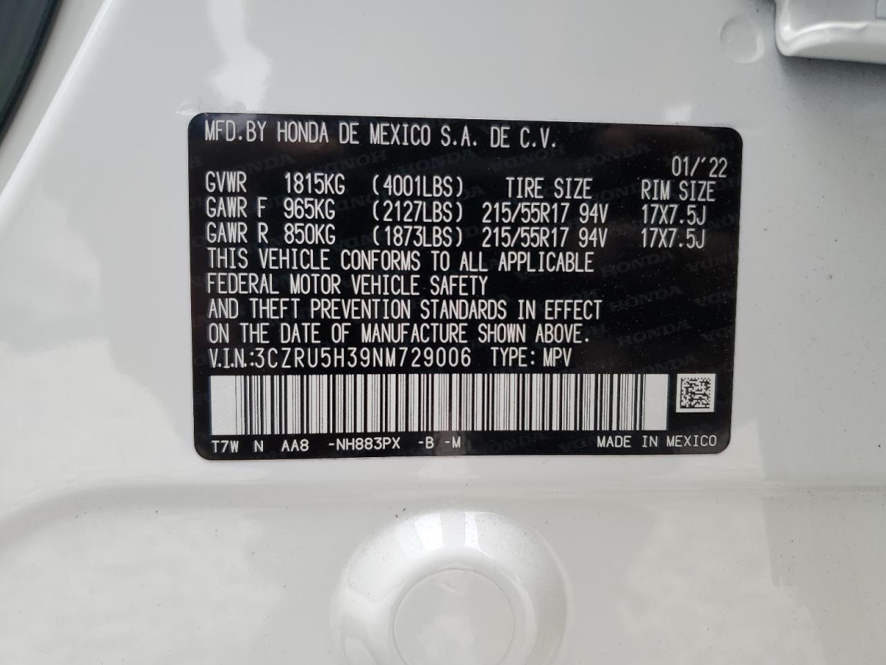 2022 HONDA HR-V LX VIN:3CZRU5H39NM729006