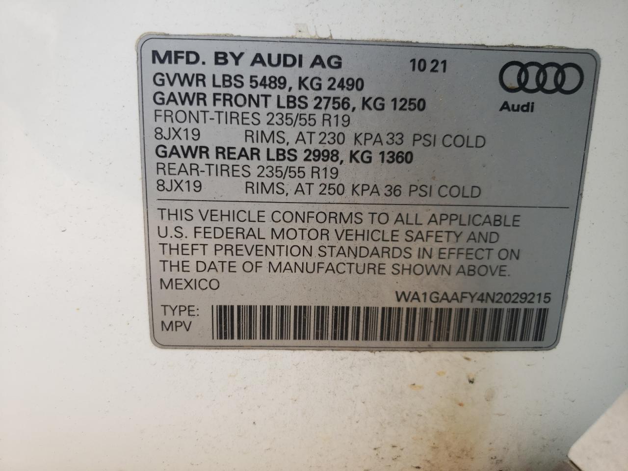 2022 AUDI Q5 PREMIUM 45 VIN:WA1GAAFY4N2029215