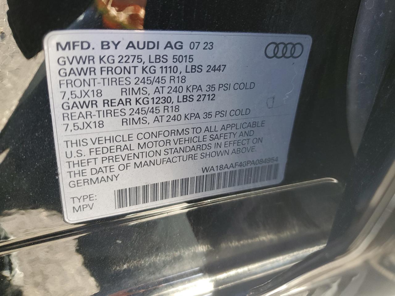 2023 AUDI A4 ALLROAD PREMIUM PLUS VIN:WA18AAF46PA084954
