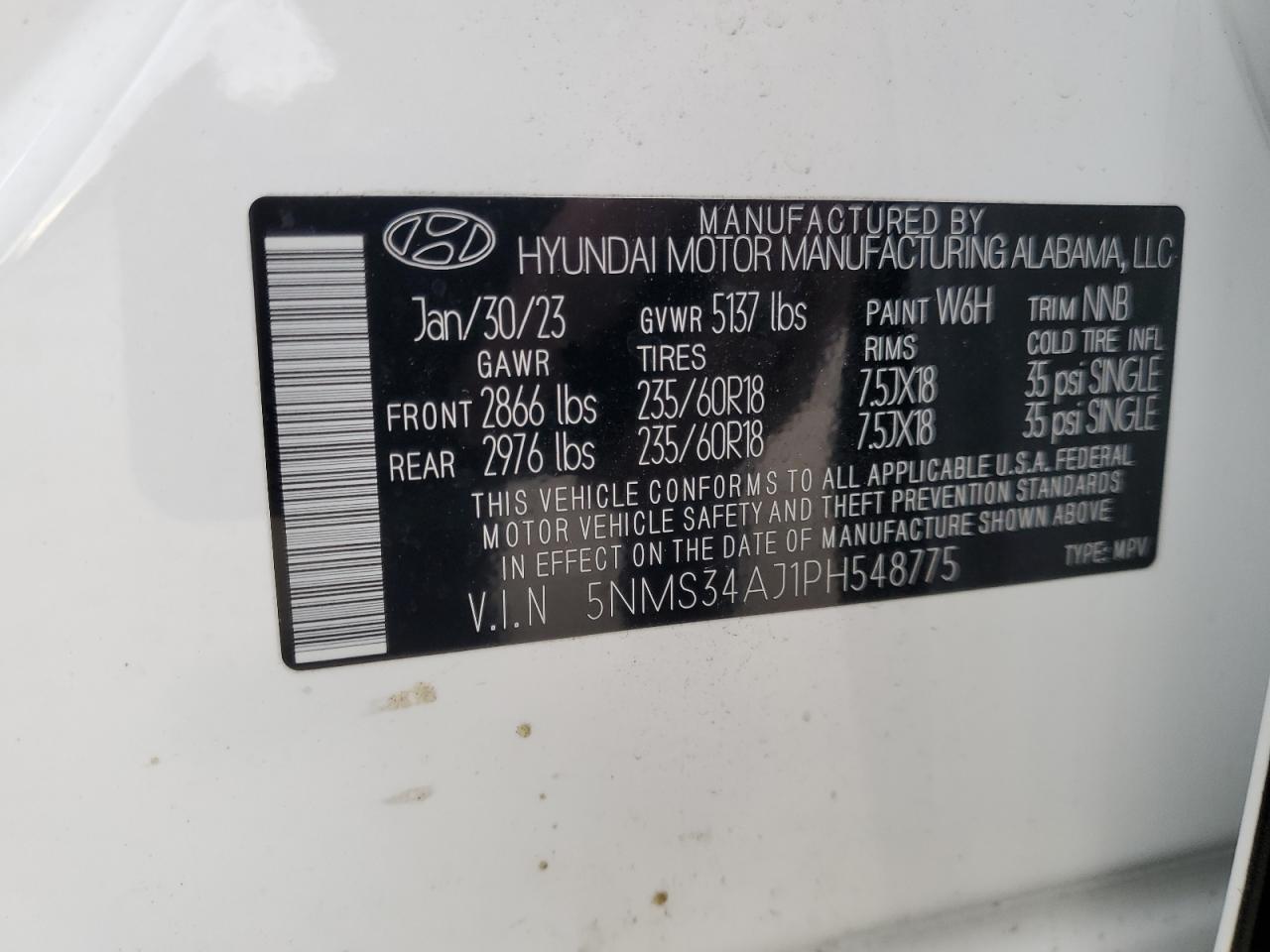2023 HYUNDAI SANTA FE SEL PREMIUM VIN:5NMS34AJ1PH548775