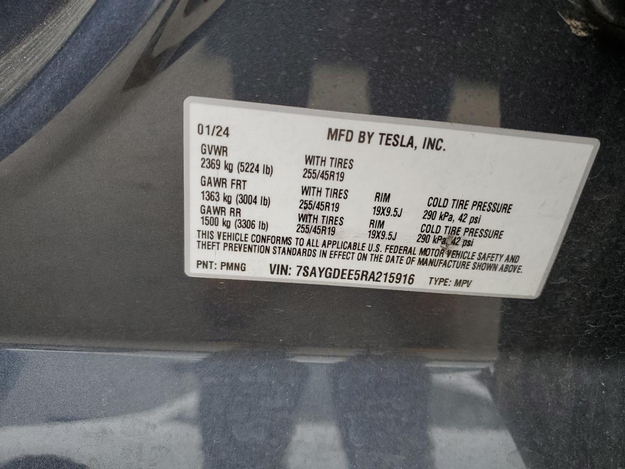 2024 TESLA MODEL Y VIN:7SAYGDEE5RA215916