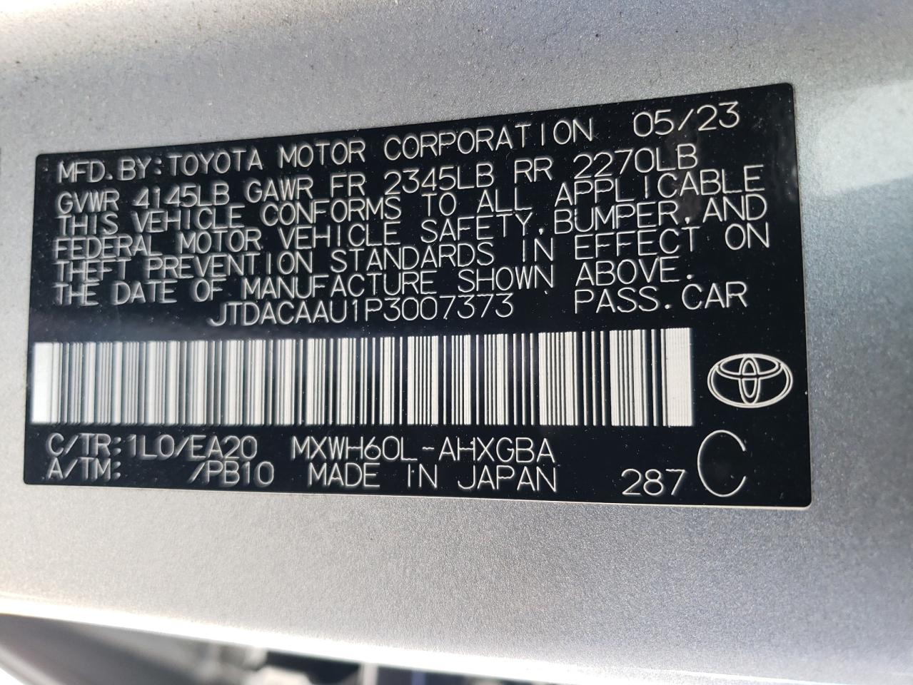 2023 TOYOTA PRIUS LE VIN:JTDACAAU1P3007373