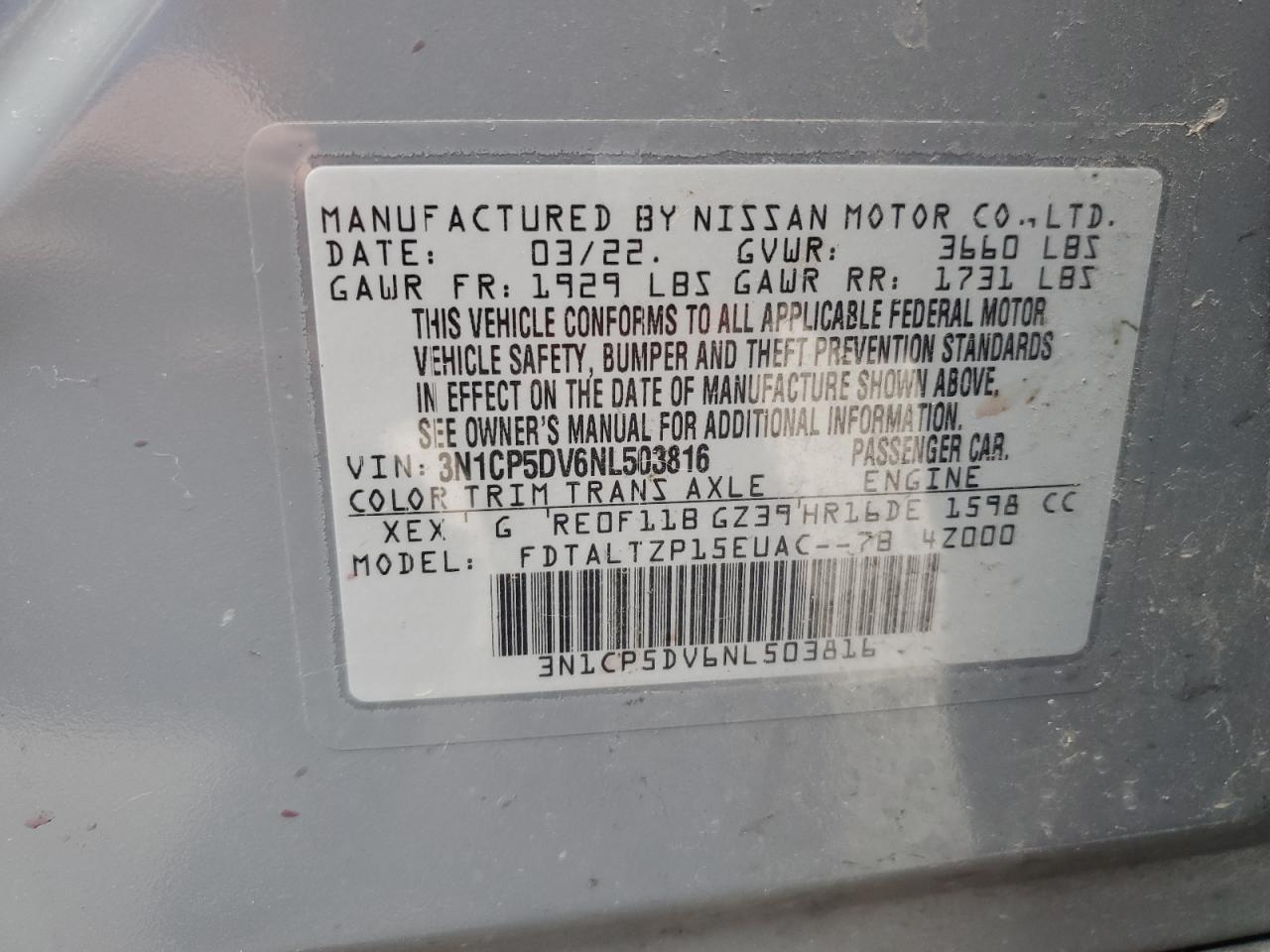 2022 NISSAN KICKS SR VIN:3N1CP5DV6NL503816