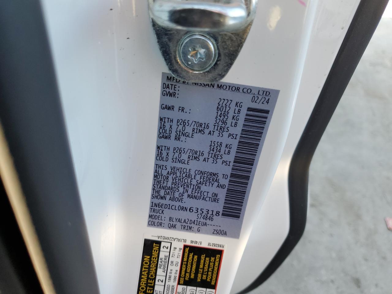 2024 NISSAN FRONTIER S VIN:1N6ED1CL0RN635318