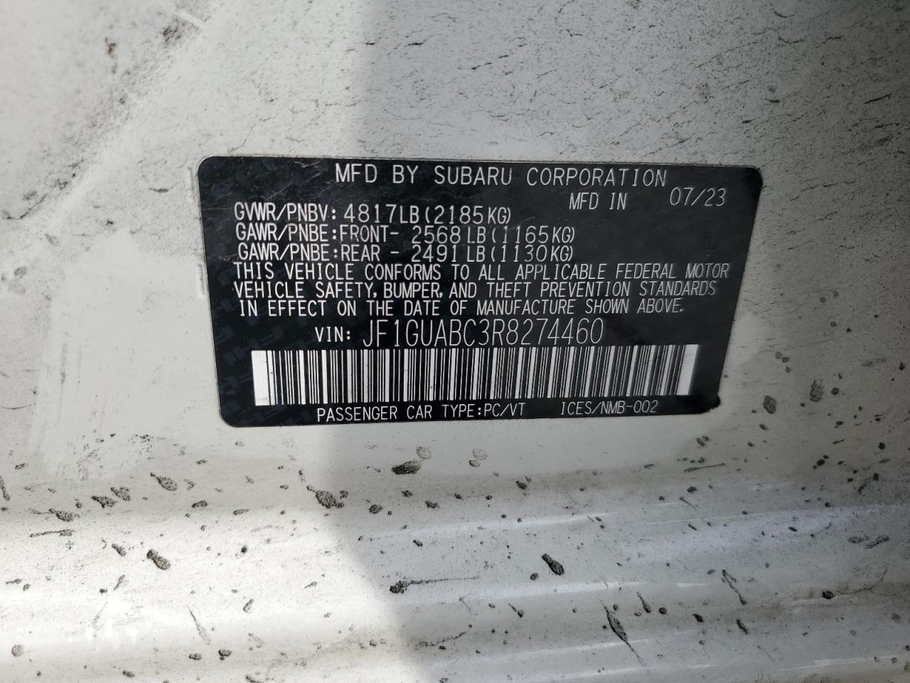 2024 SUBARU IMPREZA VIN:JF1GUABC3R8274460