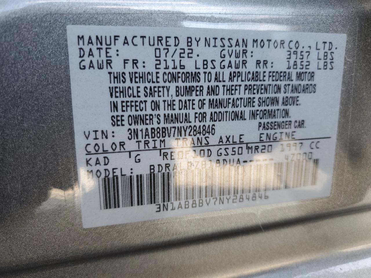 2022 NISSAN SENTRA S VIN:3N1AB8BV7NY284846