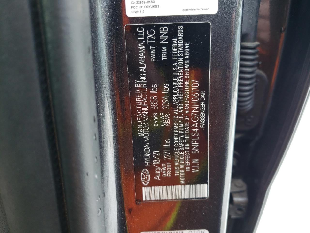 2022 HYUNDAI ELANTRA SEL VIN:3FAHP071X7R186885