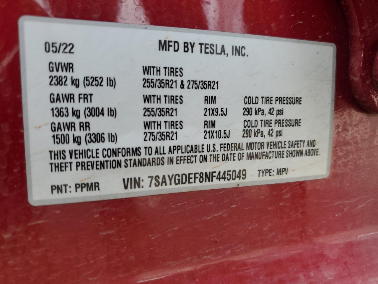 2022 TESLA MODEL Y VIN:7SAYGDEF8NF445049