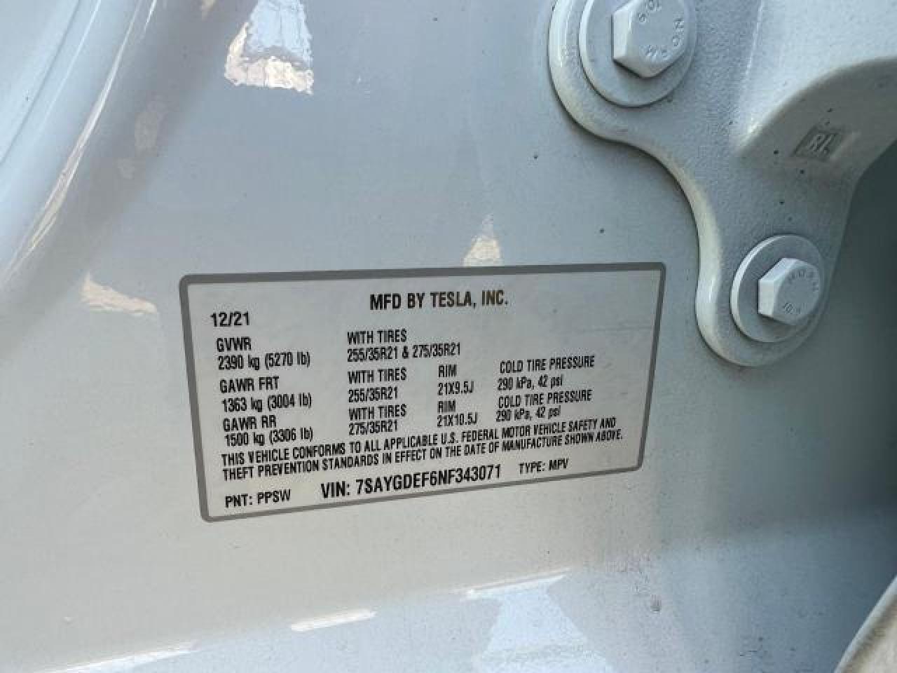 2022 TESLA MODEL Y VIN:7SAYGDEF6NF343071