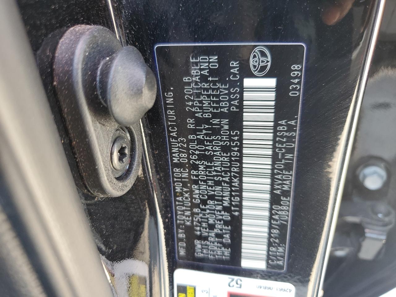 2024 TOYOTA CAMRY SE NIGHT SHADE VIN:4T1G11AK7RU194545