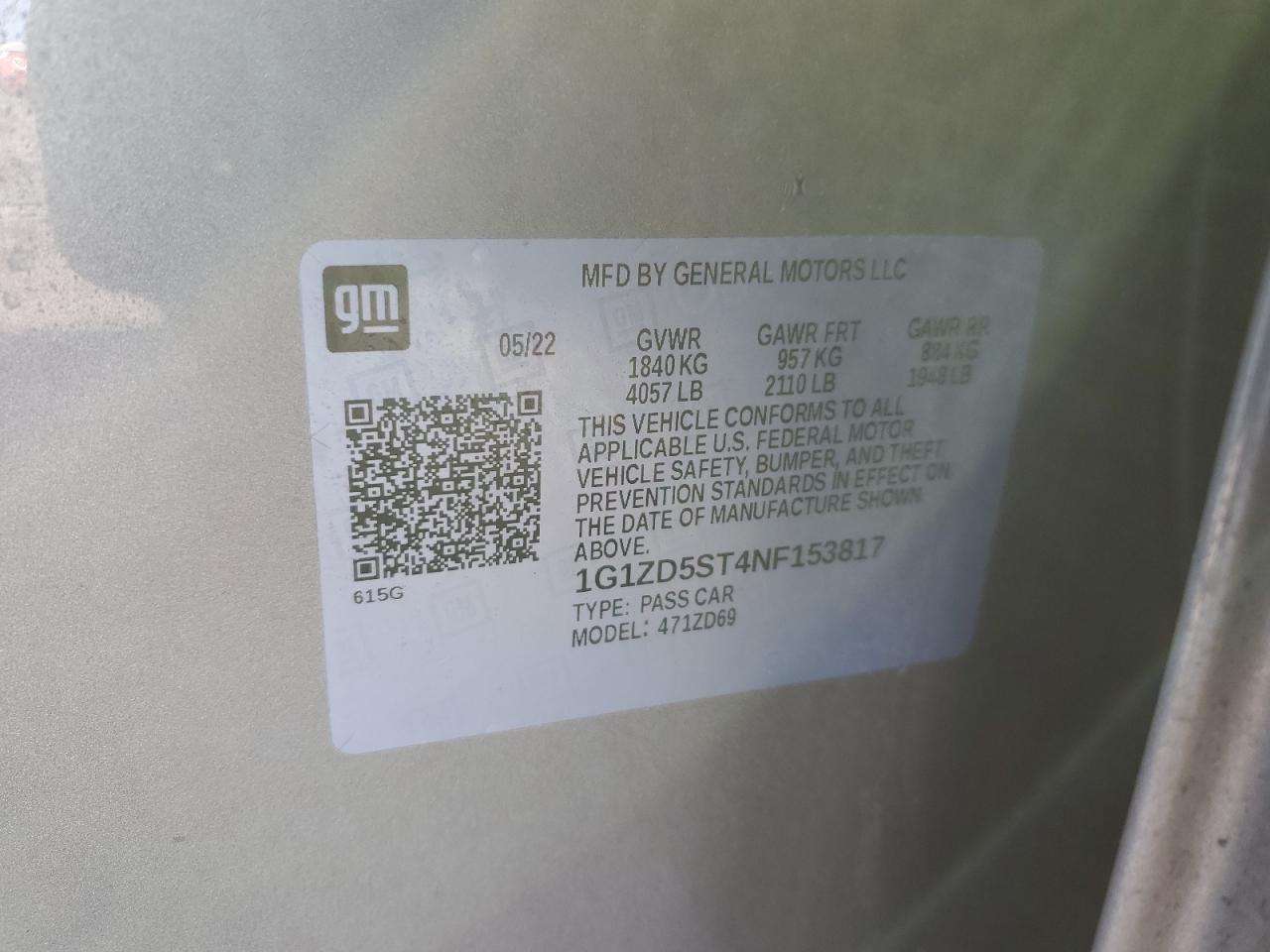 2022 CHEVROLET MALIBU LT VIN:1G1ZD5ST4NF153817